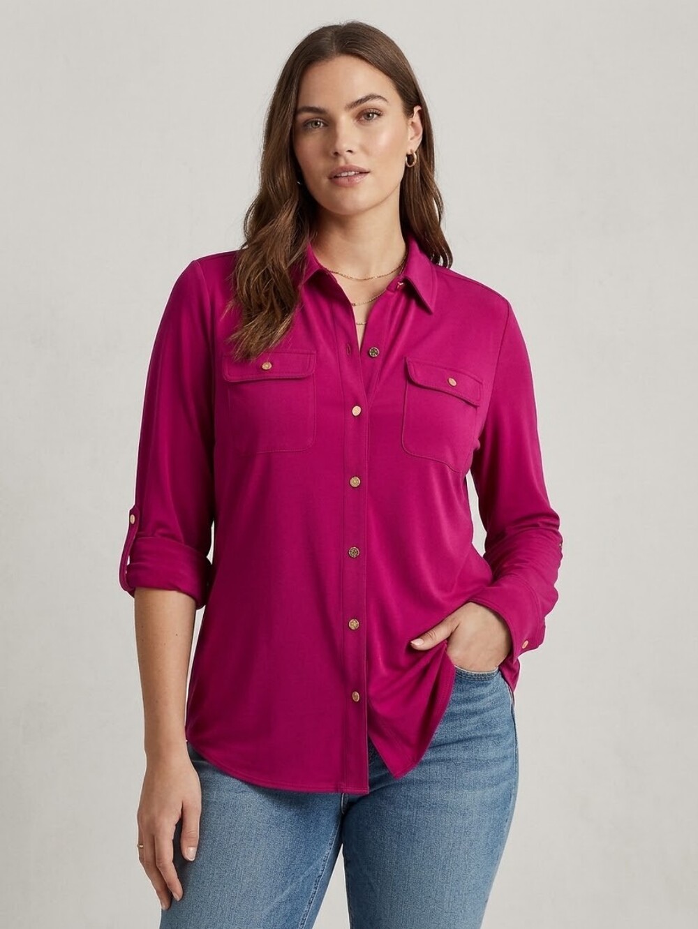 Lauren Ralph Lauren Women's Magenta Pink Long Sleeve Button Down Shirt Size Larg